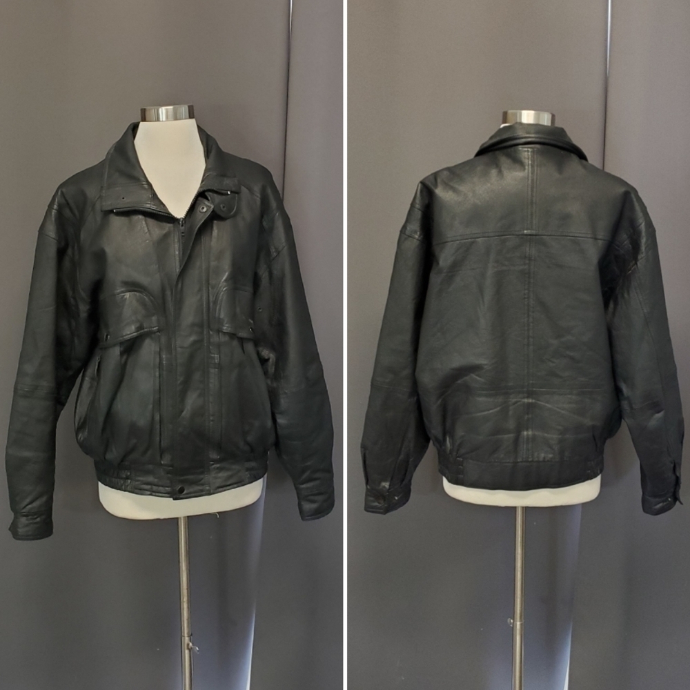 Vintage 90s y2k Black‎ Leather Aviator Flyboy Flight Insulated Bomber Jacket Md